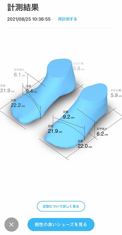 ZOZOMATでの足の計測結果