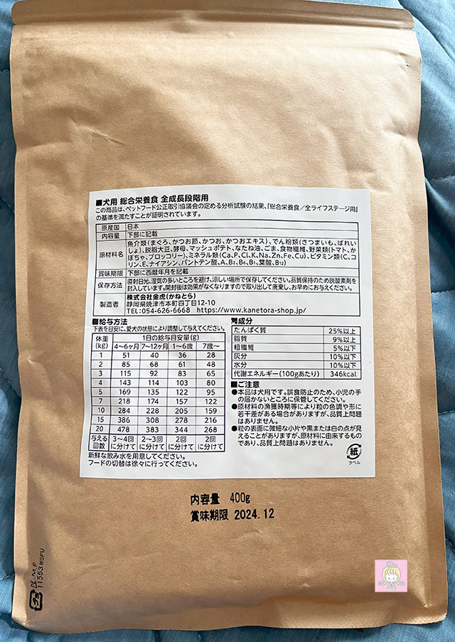 ドッグフードおさかなのパッケージ裏面