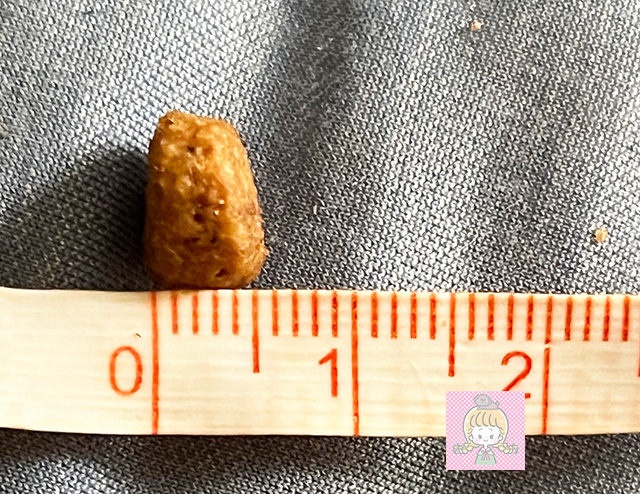 マックアダムズドッグフード チキンの粒の幅をメジャーで測っているところ。